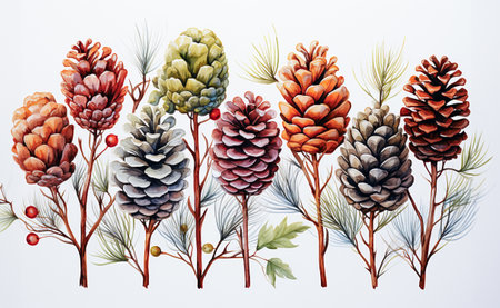 Watercolor pine cones set. Hand painted pine branch with cones isolated on white background. generative aiの素材