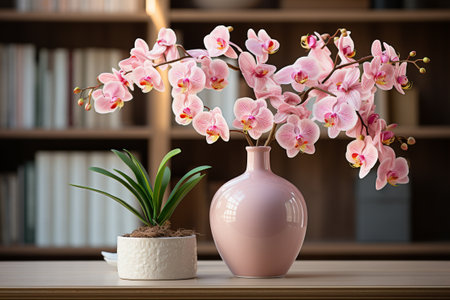 Pink orchid in white vase on wooden table with blurred bookshelf background. generative aiの素材