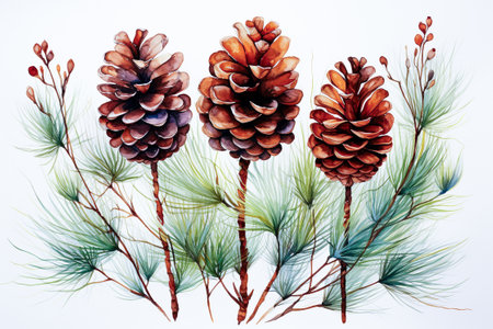 Watercolor pine cones set. Hand painted pine branch with cones isolated on white background. generative aiの素材