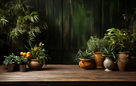 Brown wooden table with potted plants and green wall background. Generative aiの素材
