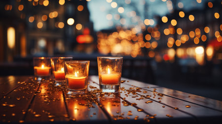 Blurred background of restaurant with abstract bokeh light. Lights decoration Party Event Festival Holiday blur background. outdoor string lights. generative aiの素材