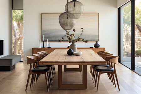 Create a minimalist dining room with a simple wooden table and modern chairs. Generative aiの素材