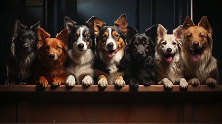 Group portrait of dogs of various shapes, sizes, and breeds. Stray pets with happy expression waiting for adoption. generative aiの素材