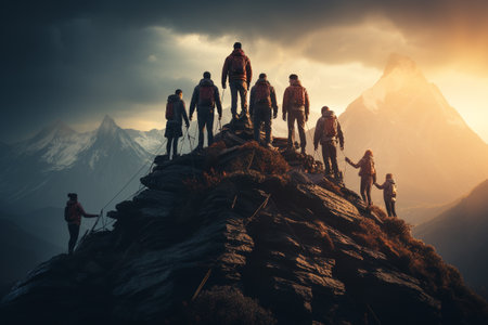 Male and female hikers climbing up silhouette mountain cliff . teamwork ,success ,helps , business concept. generative aiの素材