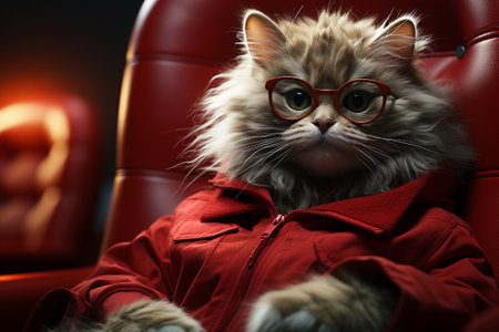 A cat is watching a movie on a red chair, generative aiの素材
