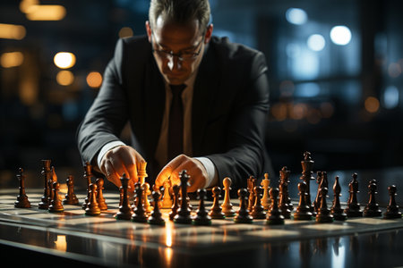 Businessman moving chess piece on chess board game. Business strategy and business leader concept. generative aiの素材