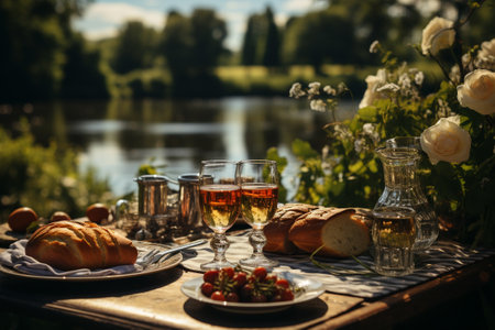 A romantic al fresco dinner overlooking the water. Generative aiの素材