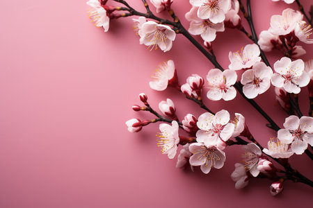 Spring cherry blossom flowers on pink background with copy space for text. generative aiの素材