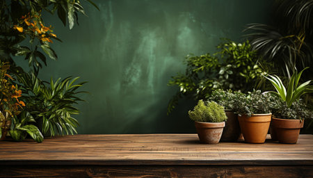 Brown wooden table with potted plants and green wall background. Generative aiの素材