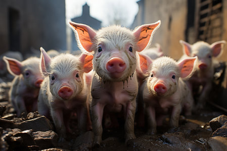 Ecological pigs and piglets at the domestic farm, Pigs at factory. generative aiの素材