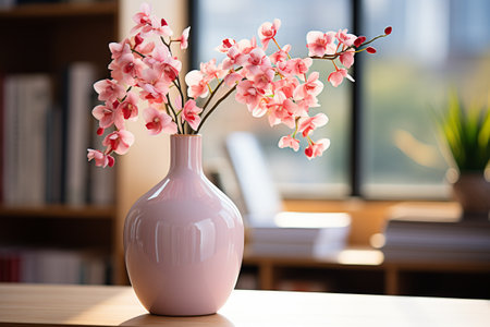 Pink orchid in white vase on wooden table with blurred bookshelf background. generative aiの素材