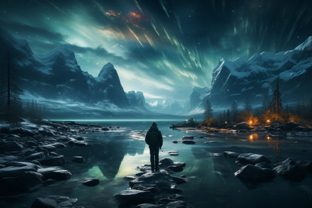 A man stands on a rock near a lake under the northern lights. Generative aiの素材