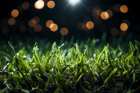Empty grass field scene background with spotlights light. Generative aiの素材