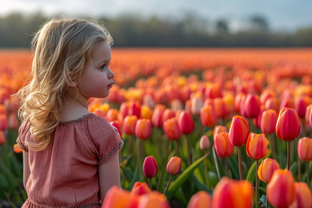 Back view of small girl child in field of tulip spring flowers.の素材