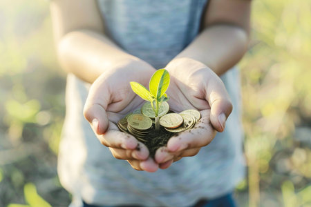Hands holding coins with plant growing on it, save money for the futureの素材