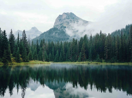 Photo of a mountain in front of a lake, surrounded by pine trees, morning atmosphereの素材