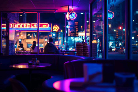 a midnight-themed coffee shop for night owls, glowing neon signs in vibrant colorsの素材