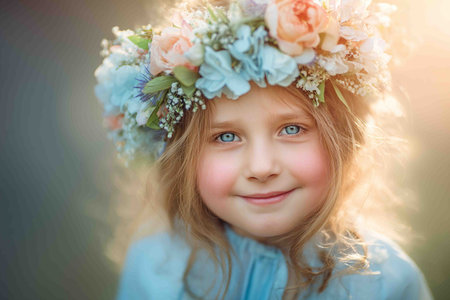 A beautiful young girl with stunning blue eyes and a gentle smile wears an elaborate pastel flower crown in soft, golden sunlight.の素材