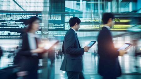asia business travelers in sleek suits at Airportの素材