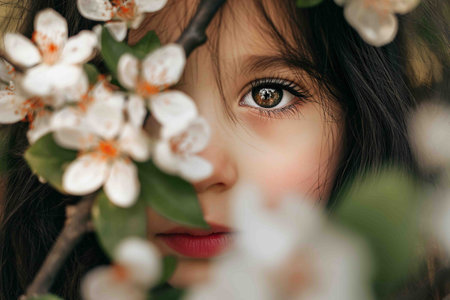 A close-up portrait of a child's face partially hidden by the blossoms and branches of a flowering tree.の素材
