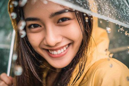 A cheerful young woman in a bright yellow raincoat smiles widely under a clear umbrella, with raindrops visible all around her.の素材