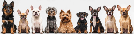 A delightful display of canine diversity, this lineup shows that whether large or small, fluffy or smooth, every breed brings its own unique charm and loyal spirit to the world.の素材