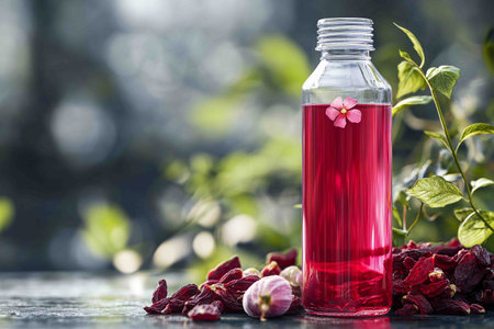 Cool Roselle Juice A futuristic beverage bottle filled with roselle herbal juice, with fresh and dried roselle fruits on the side.の素材
