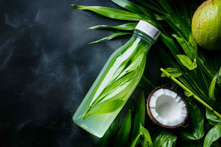 Beverage bottle filled with pandan coconut water and fresh pandan leavesの素材