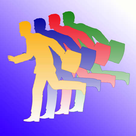 Running businessmen with briefcases silhouetted against a blue gradient backgroundの写真素材