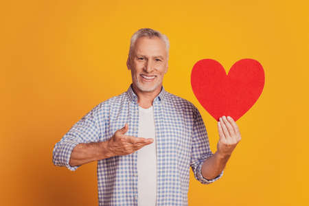 Portrait of attractive grey-haired man hold big red heart point handの写真素材