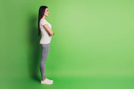 Full lenght profile view portrait of confident lady look copyspace isolated green color backgroundの写真素材