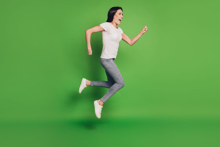 Full size photo of jumping woman rushing shopping