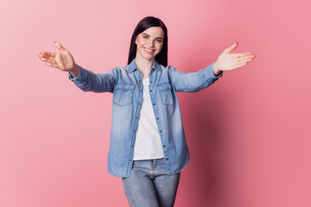 Photo of attractive charming lady open waiting hugs beaming smile wear casual shirt isolated pastel...