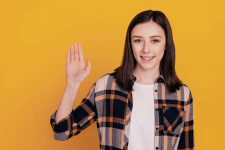 Photo of friendly positive nice glad lady wave hand isolated yellow color backgroundの写真素材