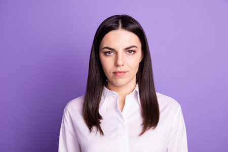 Photo of young attractive woman confident clever agent attorney banker isolated over violet color...