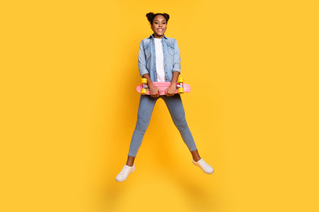 Full length photo of young african girl jumper hold longboard free-time isolated over yellow color...