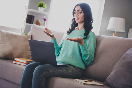 Profile side photo of young cheerful girl talk conference laptop sit divan answer courses discuss...