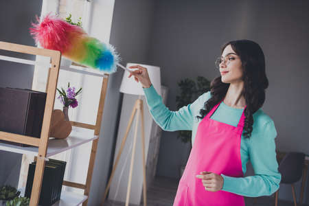 Photo of young pretty woman remove dust from shelf clean housework weekend domestic wear apron indoorsの写真素材