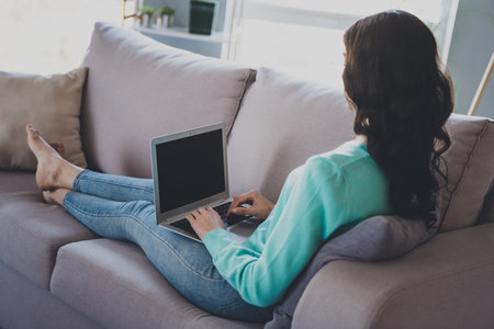 Back rear view full body photo of young lady use laptop sit divan chat type screen mockup quarantine indoorsの写真素材