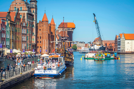 Poland Gdansk May 16, 2018, the old town, the Motlawa river, a place where tourists gatherのeditorial素材