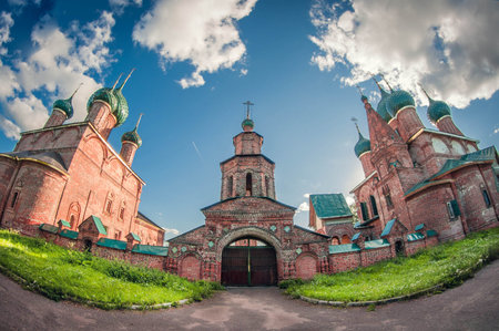 Classic old small monastery cathedral and church in Russia. distortion perspective fisheye lens view