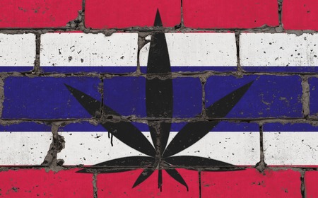 Graffiti street art spray drawing on stencil. Cannabis leaf symbol on brick wall with flag Thailandの写真素材