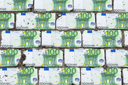 Realistic wall of blocks in the form of one hundred euro. Bricks from money art concept.
