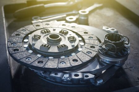 new clutch kit in a car service on a table before installation on a car. Close upの写真素材