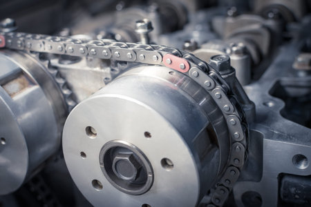 new car timing chain on a disassembled engine in a car workshop. Close up