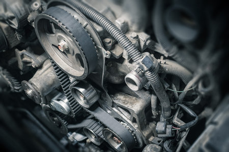 Replacement timing belt with rollers on the old diesel engine in a car service. Close up. Blur...