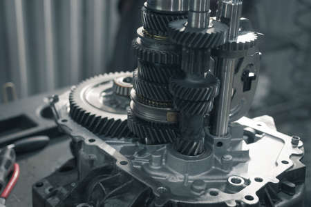 car gearbox disassembled on a table in car service. Close upの写真素材