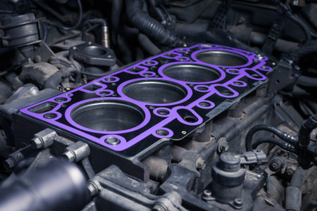 Short block with installed cylinder head gasket. Repair of a turbocharged diesel engine in a car...