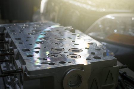 New cylinder head with gasket and bolts on a table in a car repair shop. diesel engine repair....