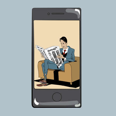 App for reading press man newspaper. Businessman reading a newspaper. In the event the phone screenのイラスト素材
